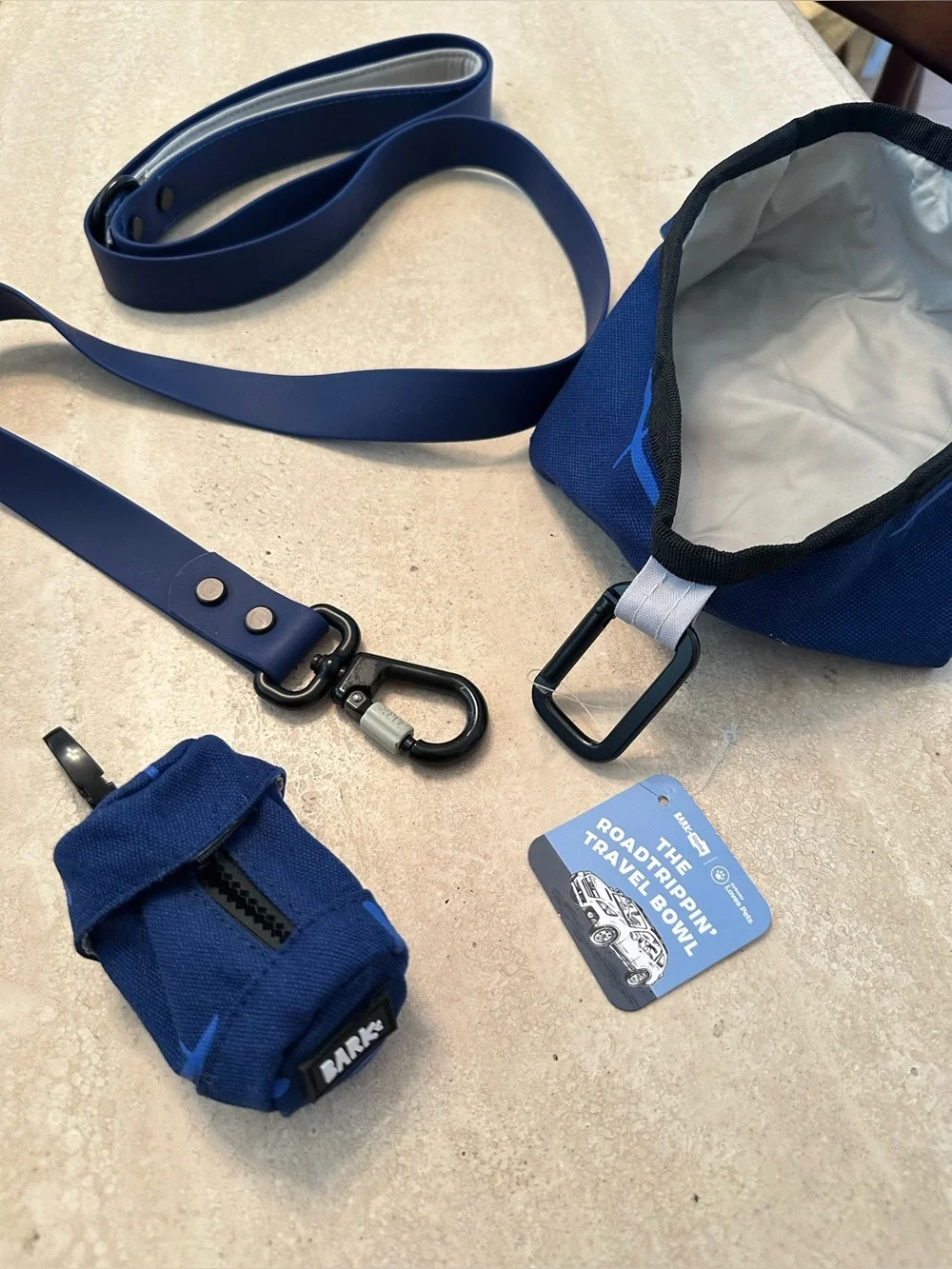 BarkBox Navy Blue Walk Kit: Waterproof Leash + Travel Bowl & Poop Bag Holder Set